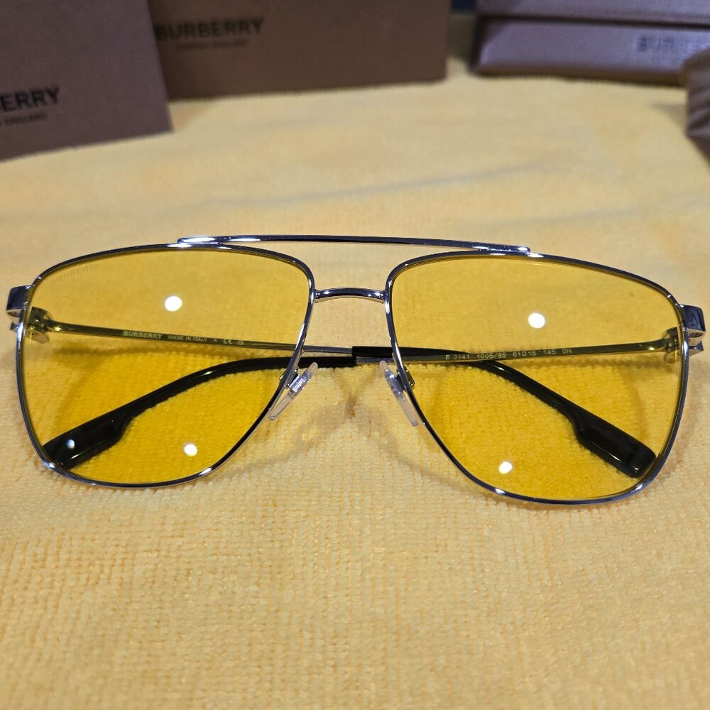 Burberry Sunglasses Blaine B3141 1005/85 Silver Aviators Yellow Lenses 61-15-145